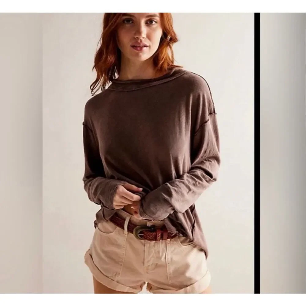 Free People We The Free Women’s Long Sleeve Regan Tee brown small NEW